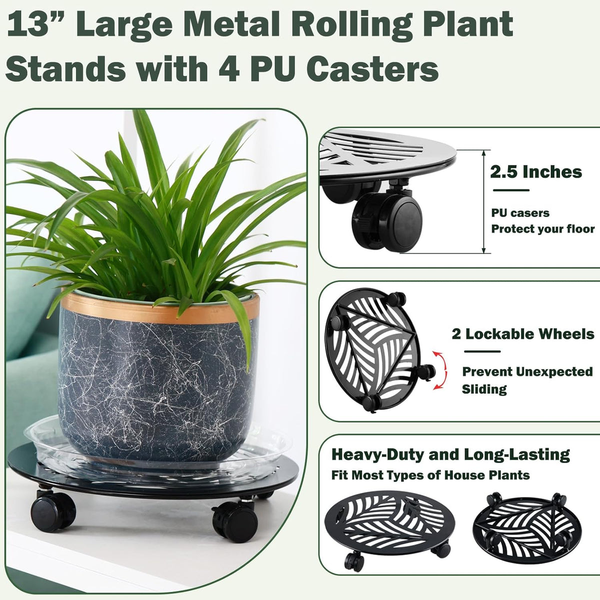 2 Packs Large Metal Plant Caddy with PU Wheels 13" Heavy-Duty Wrought Iron Rolling Plant Stands