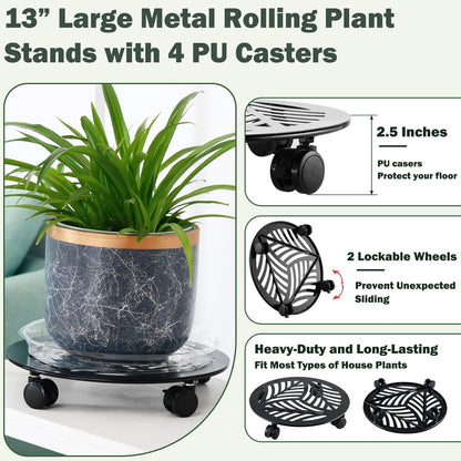 2 Packs Large Metal Plant Caddy with PU Wheels 13" Heavy-Duty Wrought Iron Rolling Plant Stands