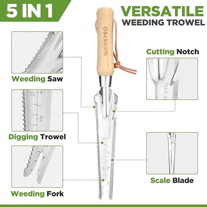WORKPRO Hand Weeder Puller, 5-in-1 Stainless Steel Garden Trowel with Wooden Handle,Gardening