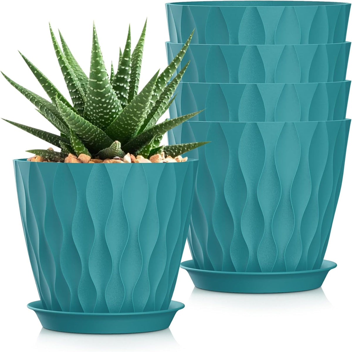 7 Inch Plant Pots 5 Pack, Flower Planters with Drainage Holes and Trays,Plastic Pots for Indoor