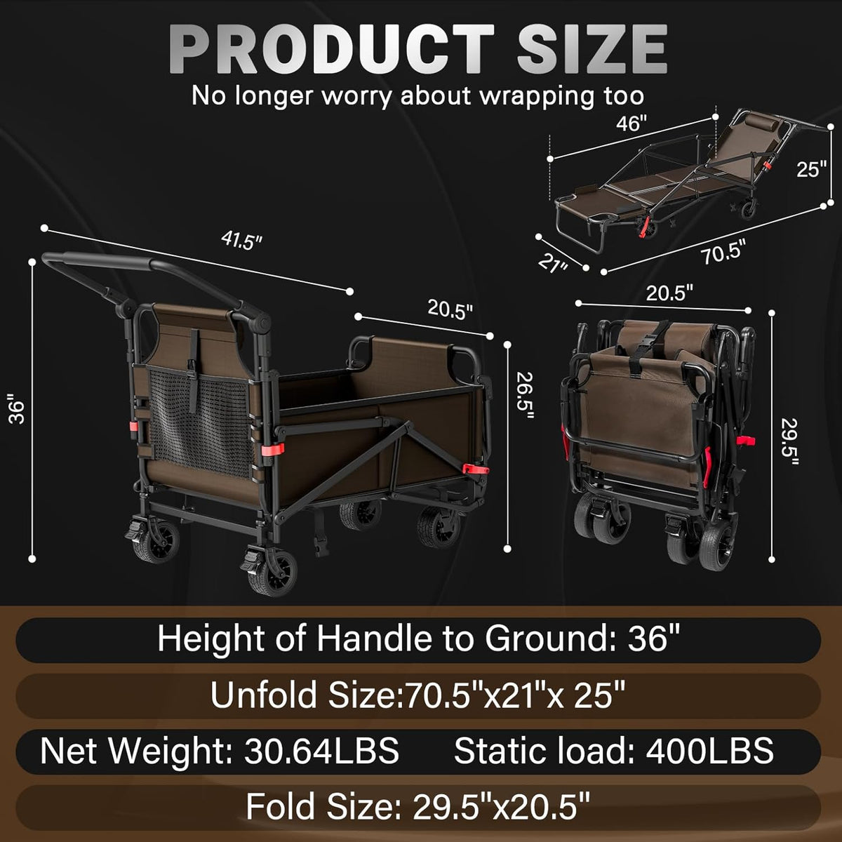 LEVELEVE Heavy Duty Folding Wagon - 2-in-1 Collapsible Cart, 400lb Capacity, All-Terrain Wheels