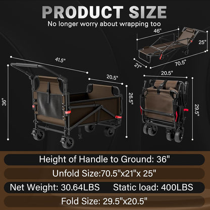 LEVELEVE Heavy Duty Folding Wagon - 2-in-1 Collapsible Cart, 400lb Capacity, All-Terrain Wheels