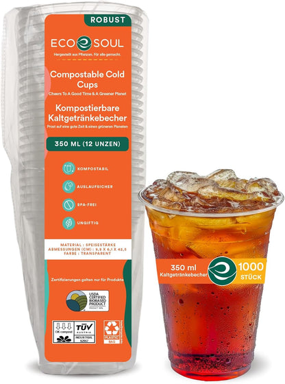 ECO SOUL 100% Clear Compostable Party Cups | (1000 Count, 12 oz) | Disposable | Biodegradable |