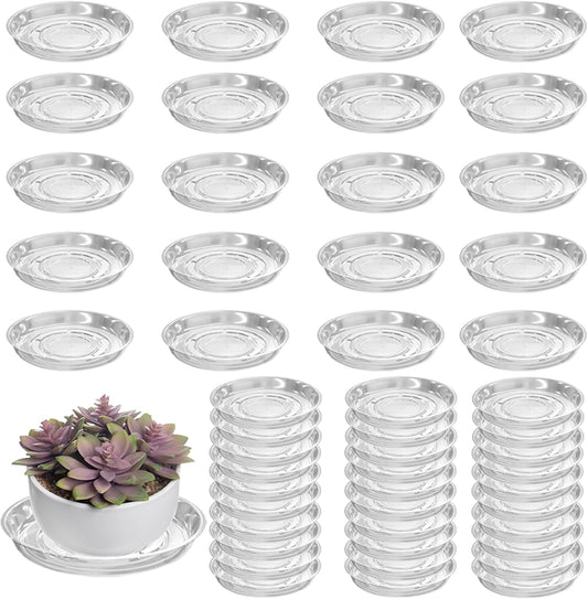 50 Packs 4" Small Clear Plant Saucers for Indoor Outdoor Use Heavy Duty Plastic Plant Trays for