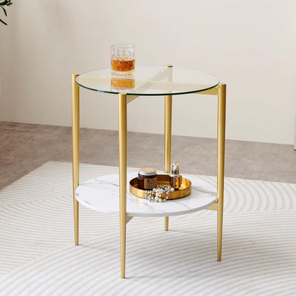 Round Glass End Table, Mid-Century Modern Design Sofa Table for Living Room, D18 x H23 in, 2-Tier