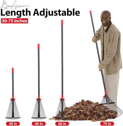 Rake for Leaves, Adjustable Garden Leaf Rakes for Lawns Heavy Duty, Metal Rake with 18 Clog-Free