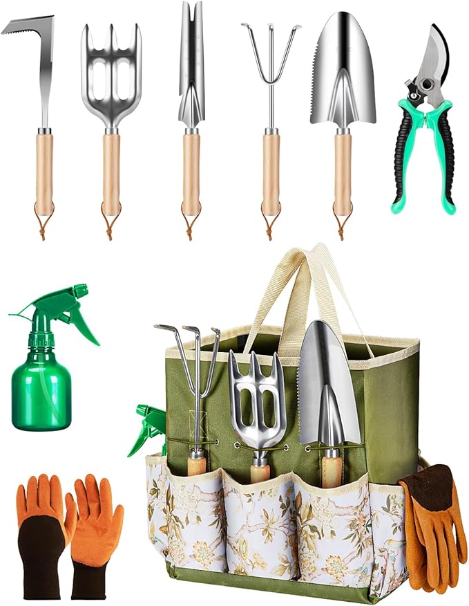 9-Piece Premium Gardening Tool Set for Women - Heavy Duty Stainless Steel Rust-Proof Tools with