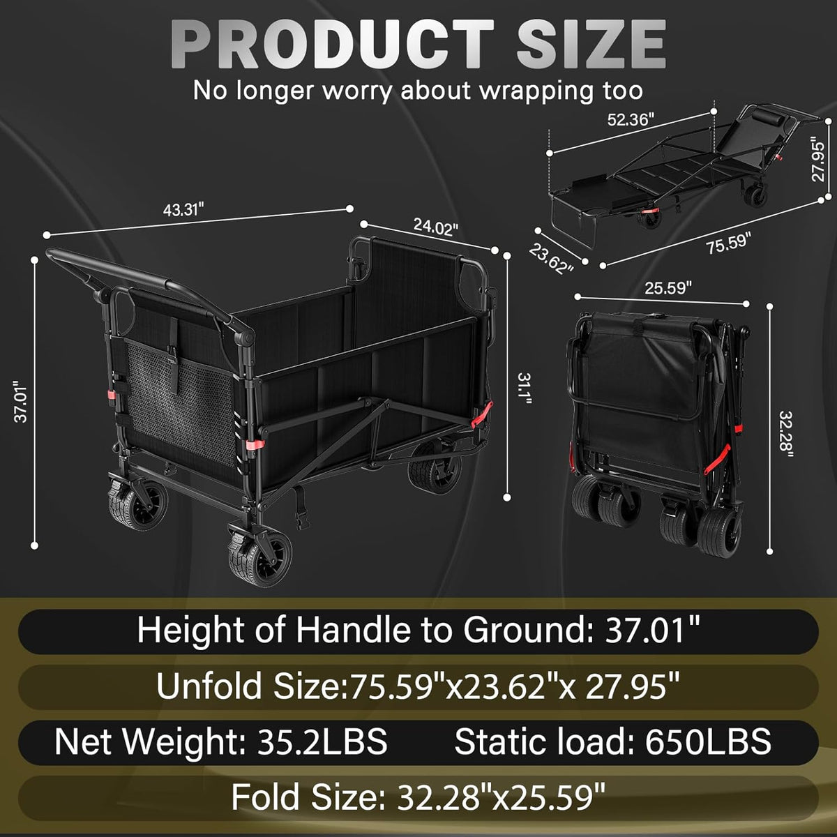 LEVELEVE Heavy Duty Folding Wagon - 2-in-1 Collapsible Cart, 650lb Capacity, All-Terrain Wheels