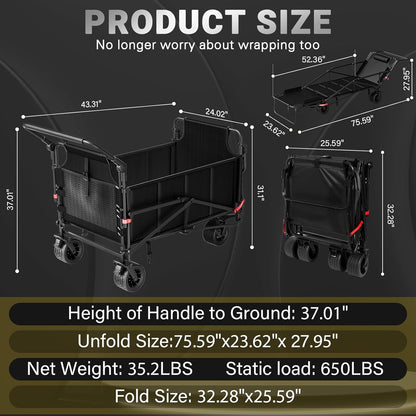 LEVELEVE Heavy Duty Folding Wagon - 2-in-1 Collapsible Cart, 650lb Capacity, All-Terrain Wheels