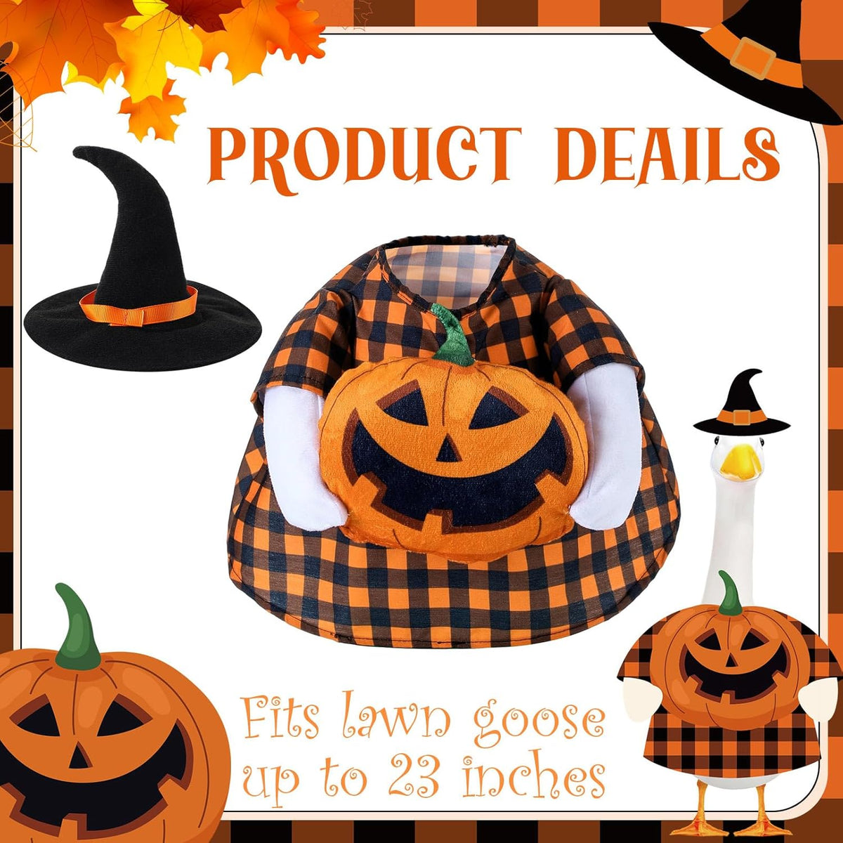 Sanwuta 1 Set Halloween Porch Goose Outfit Pumpkin Pillow Design with Hat for 23" Lawn Cement Goose