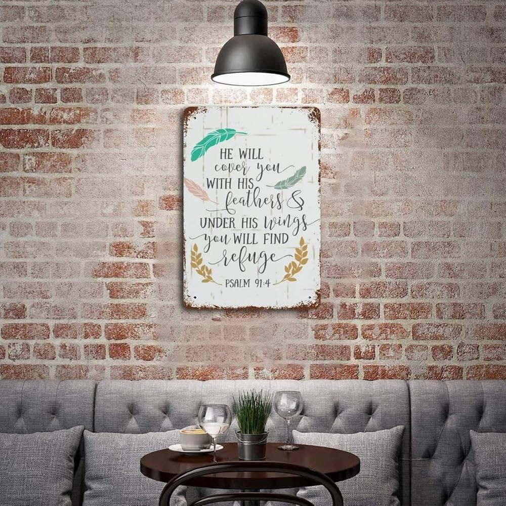 He Will Cover You with His Feathers And Under His Wings Metal Sign Inspirational Bible Verse Metal