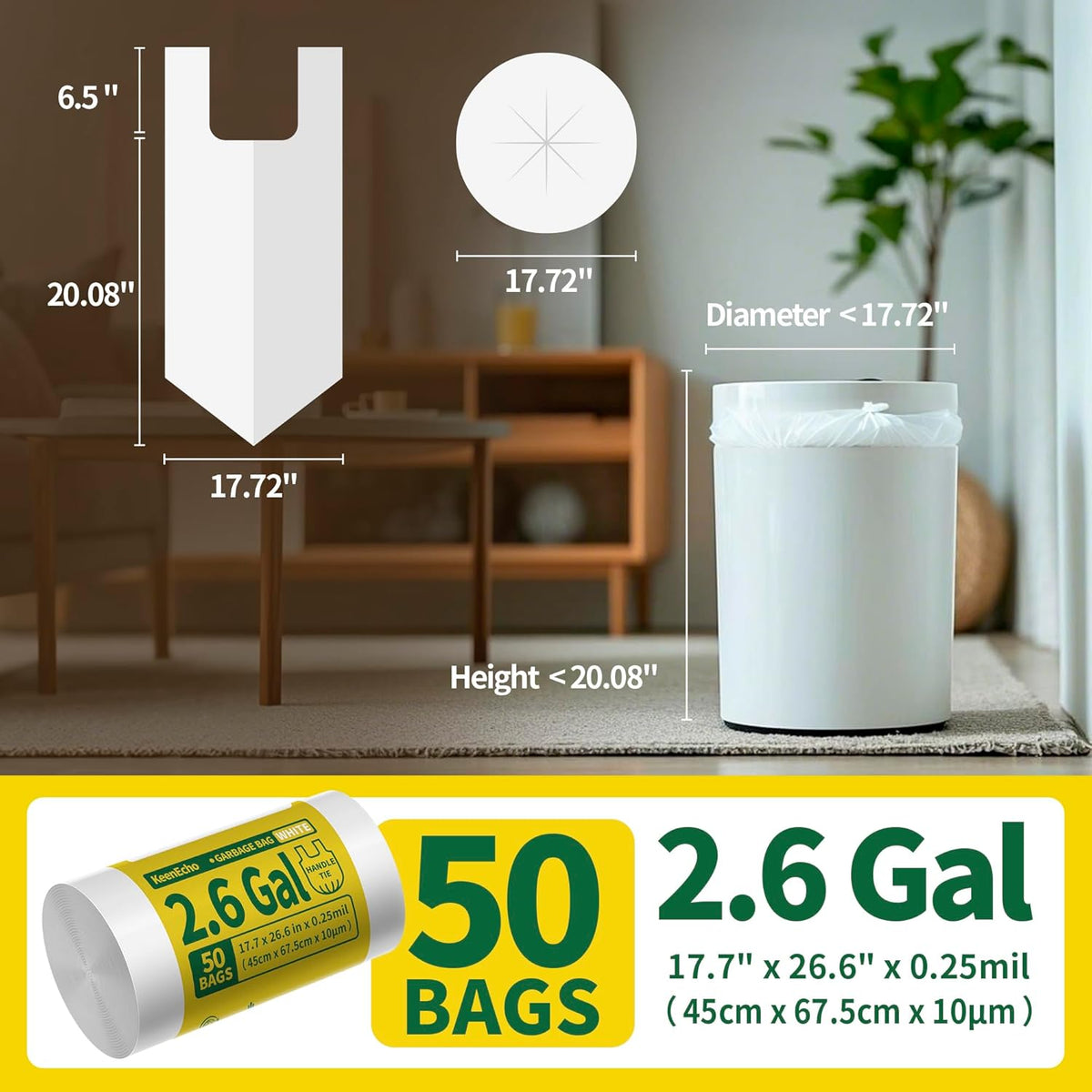 Small Trash Bags with Handles 2.6 Gallon 50 Count White - Ocean Plastic Upcycling - Plastic Garbage