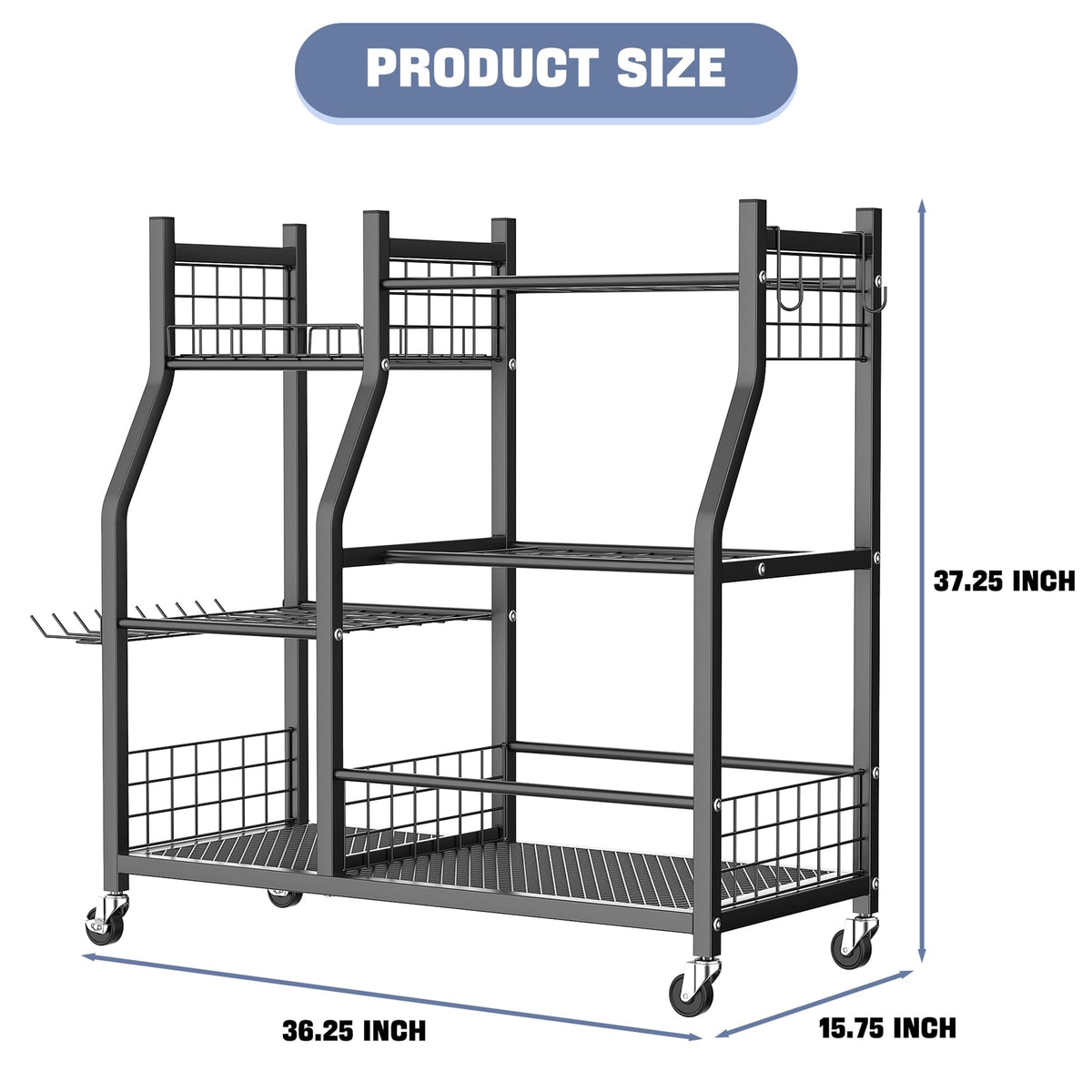 WALMANN Garden Tool Organizer with Wheels for Garage, Large Storage Capacity, Rakes/Shovels/Yard