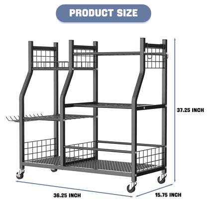 WALMANN Garden Tool Organizer with Wheels for Garage, Large Storage Capacity, Rakes/Shovels/Yard
