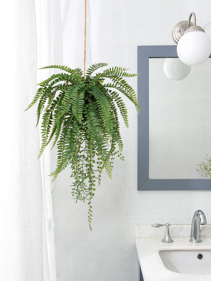 Large Mixed Fern Faux Hanging Plants, Realistic Artificial Plants with Hemp Rope Moss, Indoor for