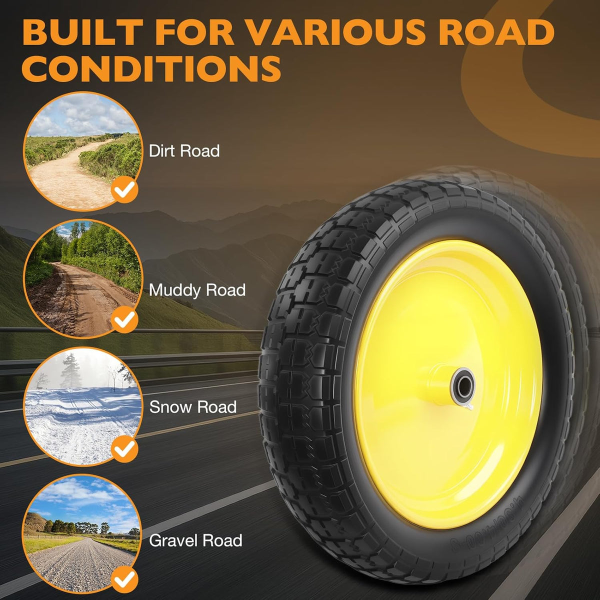 HQPASFY 16" Flat Free Tire 4.80/4.00-8 Wheelbarrow Tire and Wheel, 3" Centered Hub, 5/8" & 3/4"