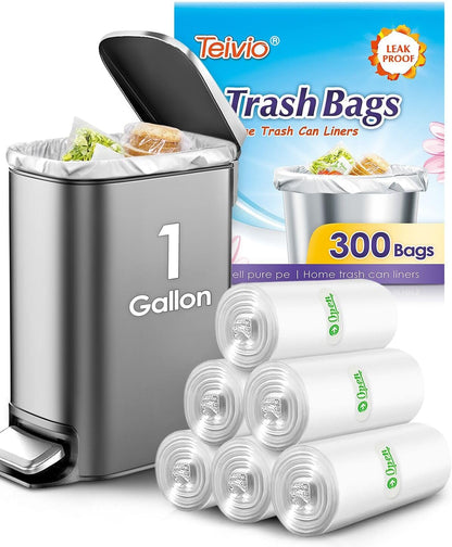 Teivio 1 Gallon 300 Counts Strong Clear Trash Bags Garbage Bags,Mini Waste Basket Liners,Tiny