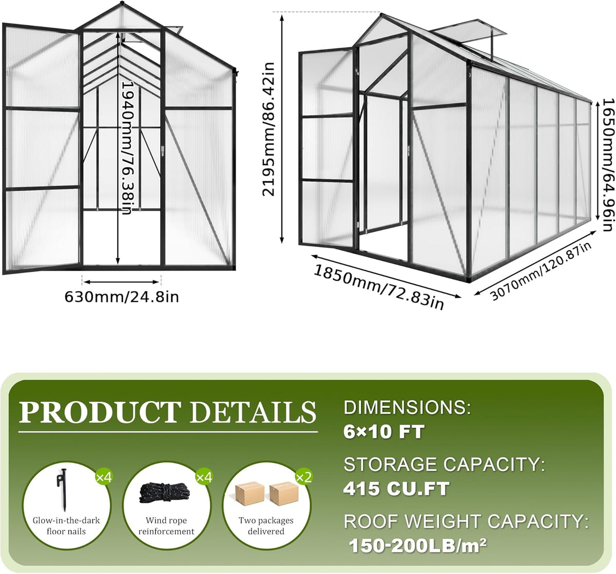 7.2FT High 6*10.2FT Greenhouse for Outdoors,Polycarbonate Greenhouse with Stronger Wind Protection