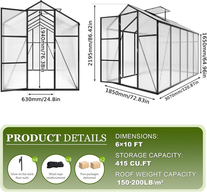 7.2FT High 6*10.2FT Greenhouse for Outdoors,Polycarbonate Greenhouse with Stronger Wind Protection