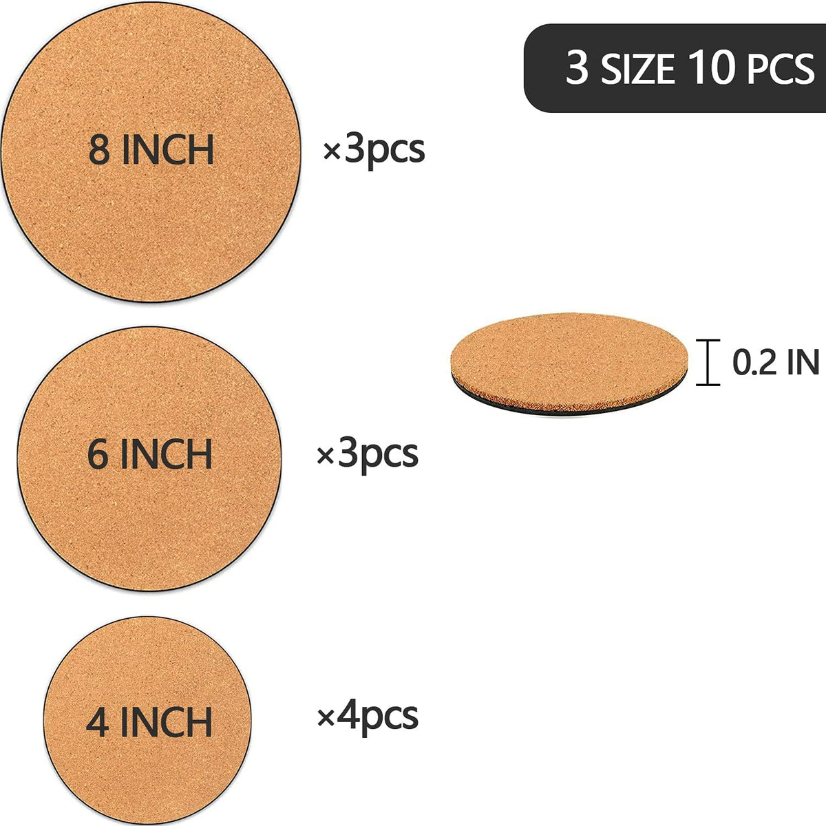 10 Pieces 3 Sizes Cork Plant Coasters, 4/6/8 Inch Cork Plant Mats, Cork Coaster for Planters, Plant