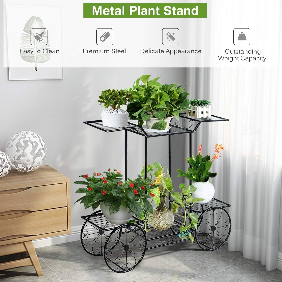 Giantex 6-Tier Plant Stand Flower Pot Holder Metal Flower Display Shelf with 4 Decorative Wheels