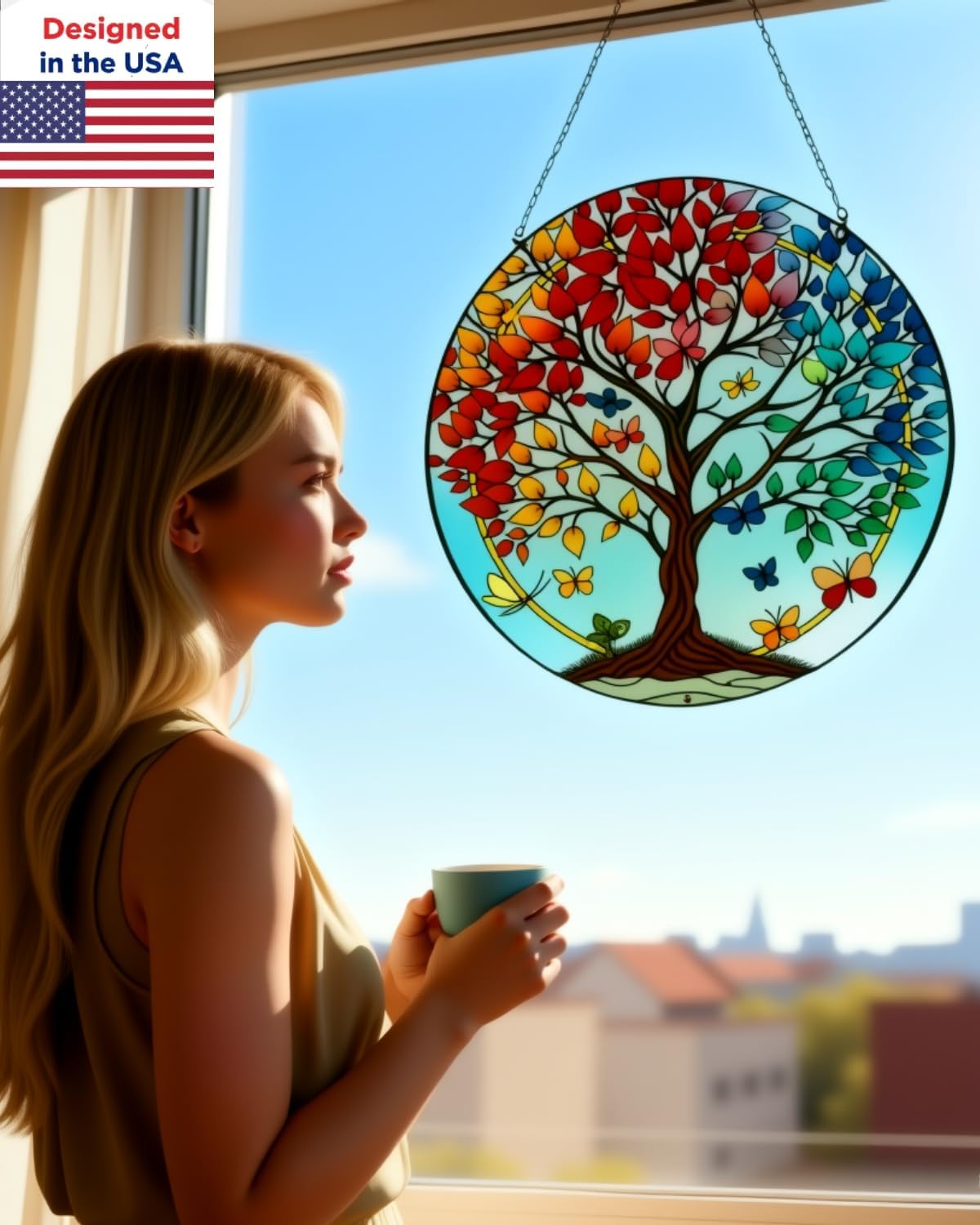 Stained Glass Sun Catcher for Windows Hanging - Handmade Tree of Life Window Decor for Women, Mom