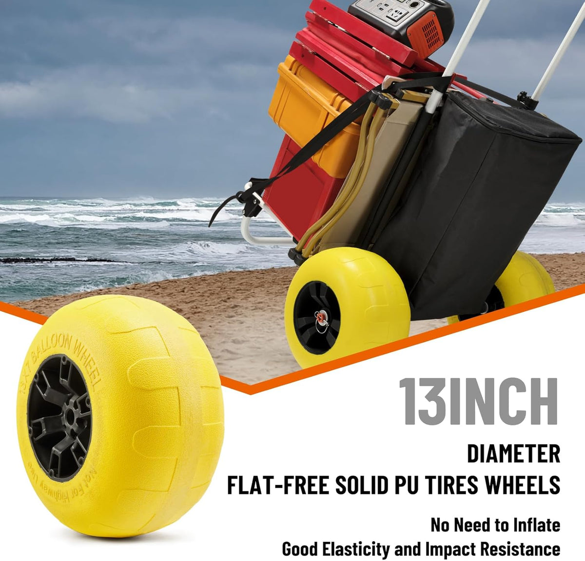 Beach Fishing Cart, 13” Big Balloon Wheels w/Flat-Free Solid PU Tires for Sands, 165LBS Loading