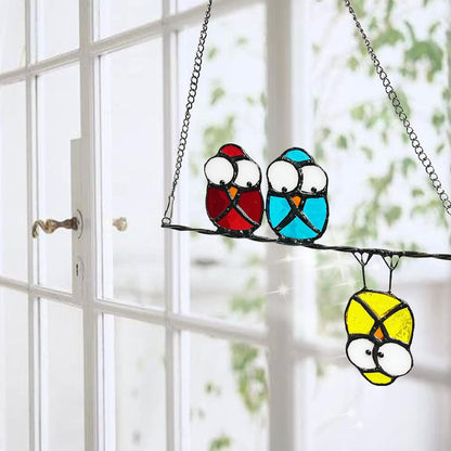 Double-Side High Stained Glass Suncatcher Panel, Multicolor Owls Suncatcher for Windows Doors Room