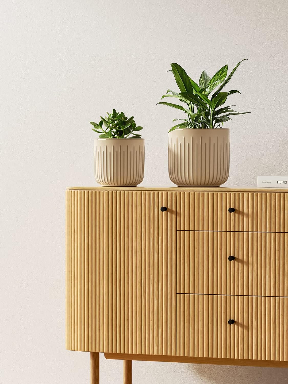 LE TAUCI Fluted Ceramic Planters Set of 3 – 8.3/7 / 5.7 in Cloud Cream Reactive Cylinder Indoor
