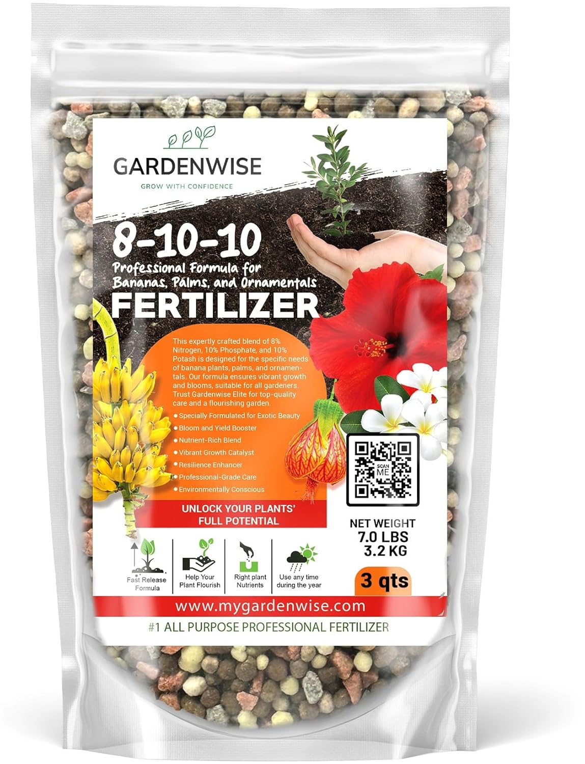 Elite 8-10-10 Professional Fertilizer for Banana, Flowering, and Fruit Trees, Ornamentals - Boosts