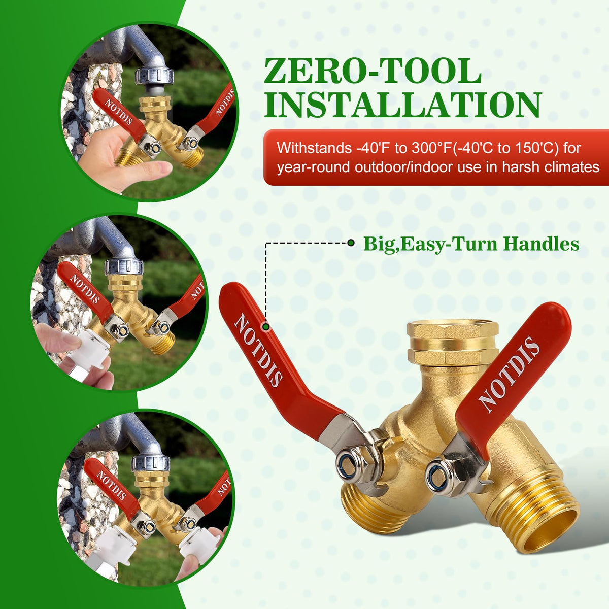 Hose Splitter 2 Way Heavy Duty Brass Garden Hose Splitter with 304 Stainless Steel Long Handle