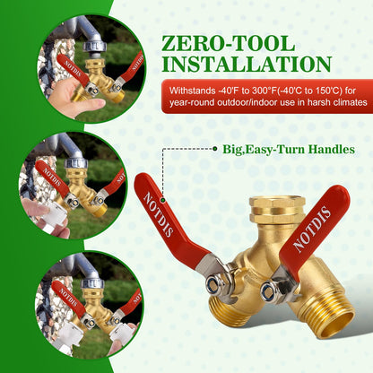 Hose Splitter 2 Way Heavy Duty Brass Garden Hose Splitter with 304 Stainless Steel Long Handle