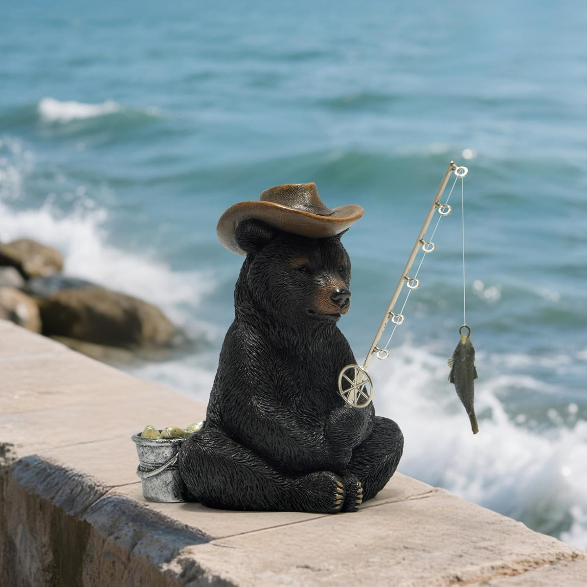 Hodao Black Bear Fishing Figurines Decoration Summer Bear Crafts for Home Office Desk Decor Statue