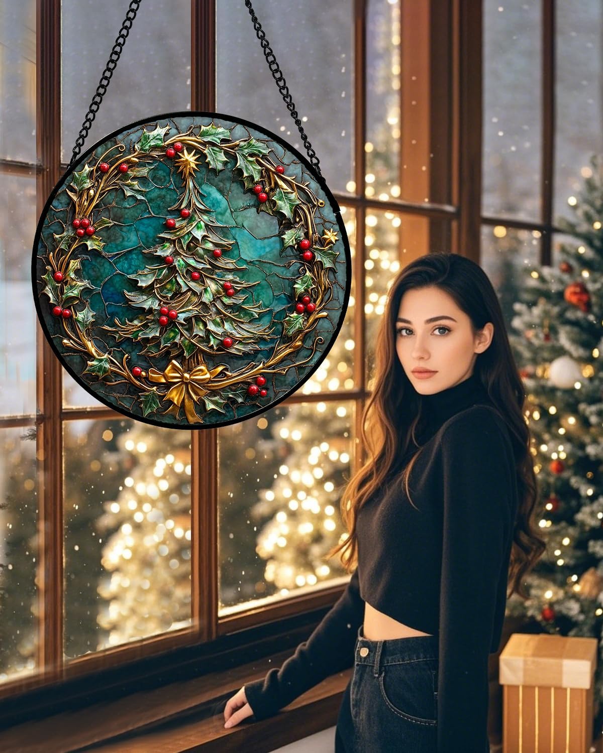 Stained Glass Window Hangings - Red Gold Green Wreath Suncatcher for Door Home Christmas Tree