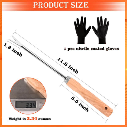 Wooden Handle Dandelion Weeder Tool - Polished Stainless Steel Dual - Forked Head Dandelion Weeder