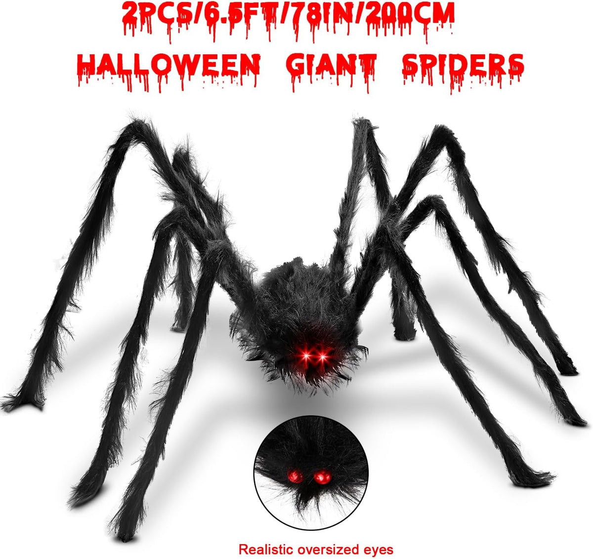 2PCS/6.5FT/78IN/200CM Halloween Giant Spiders Set: Acina Fake Large Hairy Spider Decorations, Scary