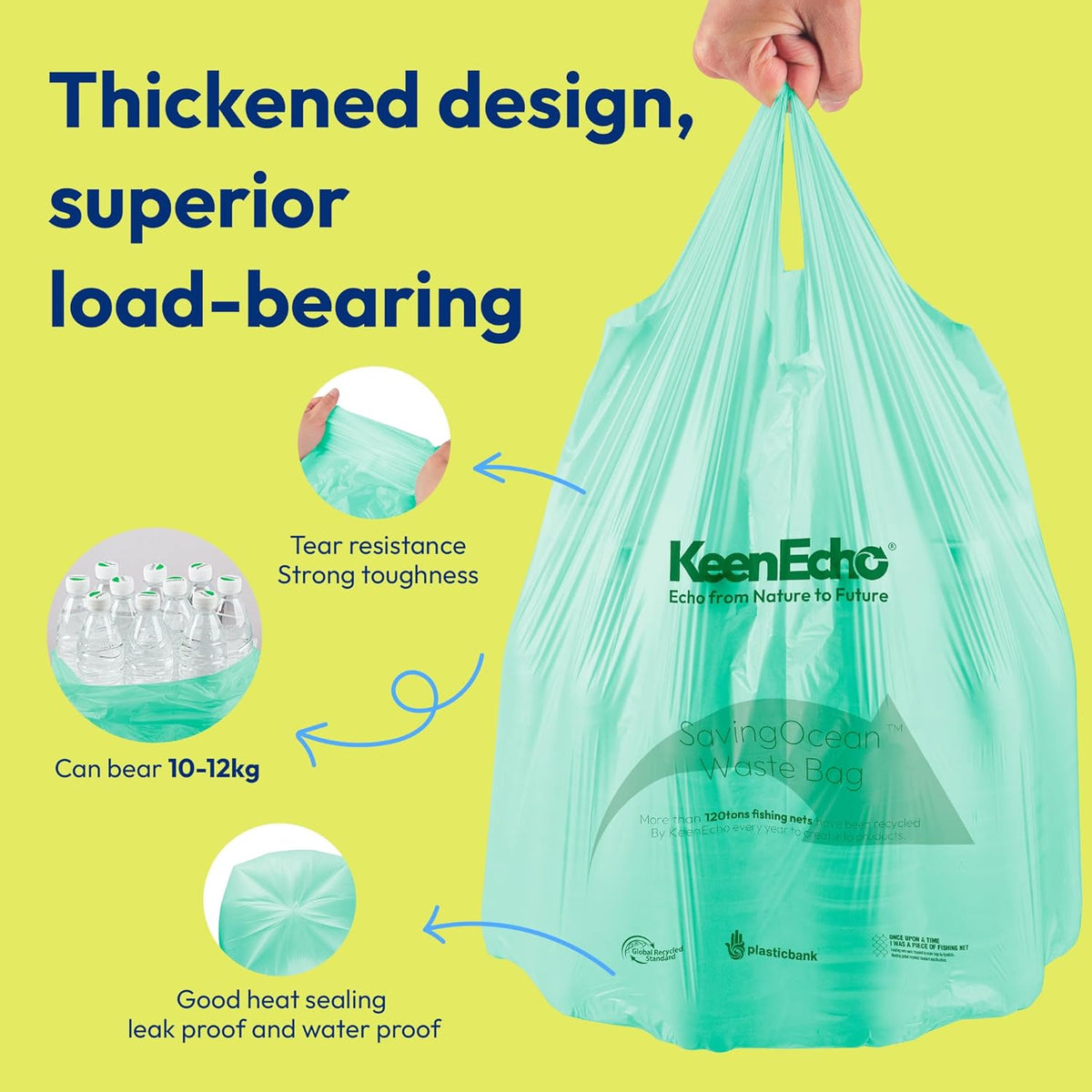 3 Gallon 200 Counts Small Green Trash Bags with Handle, Ocean Fishing Nets Upcycling, Sage & Sea