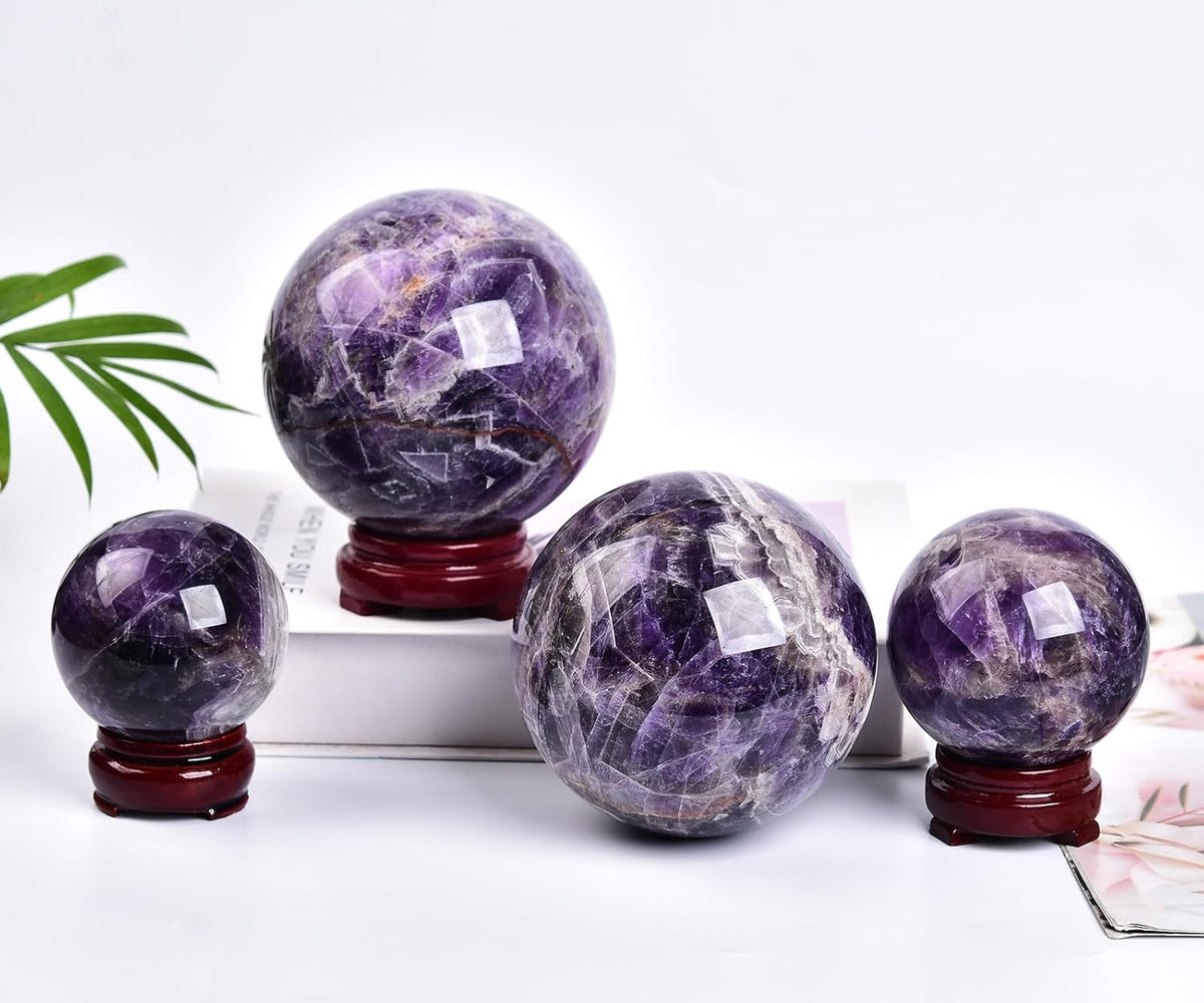 JIC Gem Chevron Amethyst Crystal Ball Healing Crystals Sphere with Wooden Stand Meditation Home