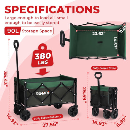 Collapsible Wagon Cart with Wheels Foldable,11 Lbs Lightweight Portable Folding Utility Wagon,90 L