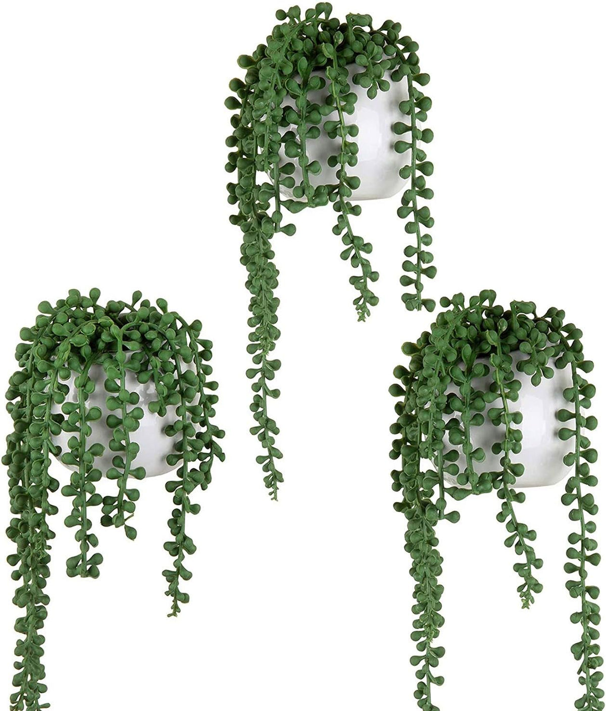 MyGift Artificial Faux String of Pearls Plants in White Ceramic Wall Hanging Planter Pot with Jute