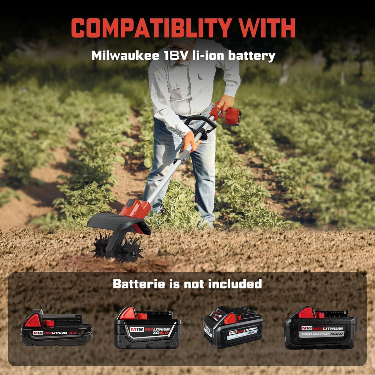 Cordless Tiller Cultivator for Milwaukee 18V Battery(Tool Only),Brushless Motor,Electric Garden