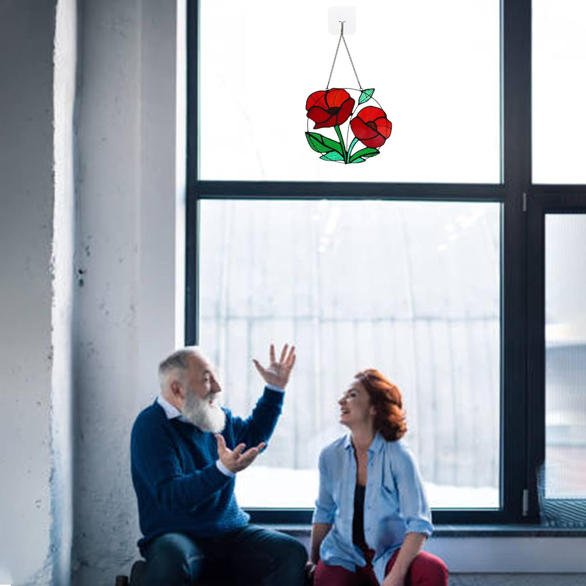 Red Flowers Stained Glass Window Hanging,Artificial Poppy Flower Suncatcher Wall Art Decor,Red