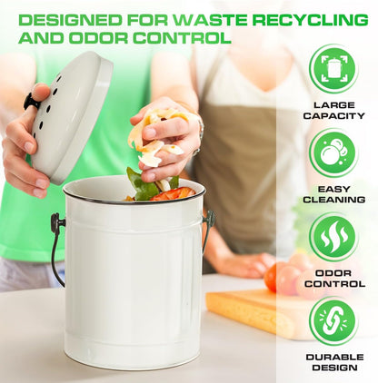 Plexon Countertop Compost Bin Kitchen Indoor with Lid, Off-White 1.5 Gallon Odorless Container