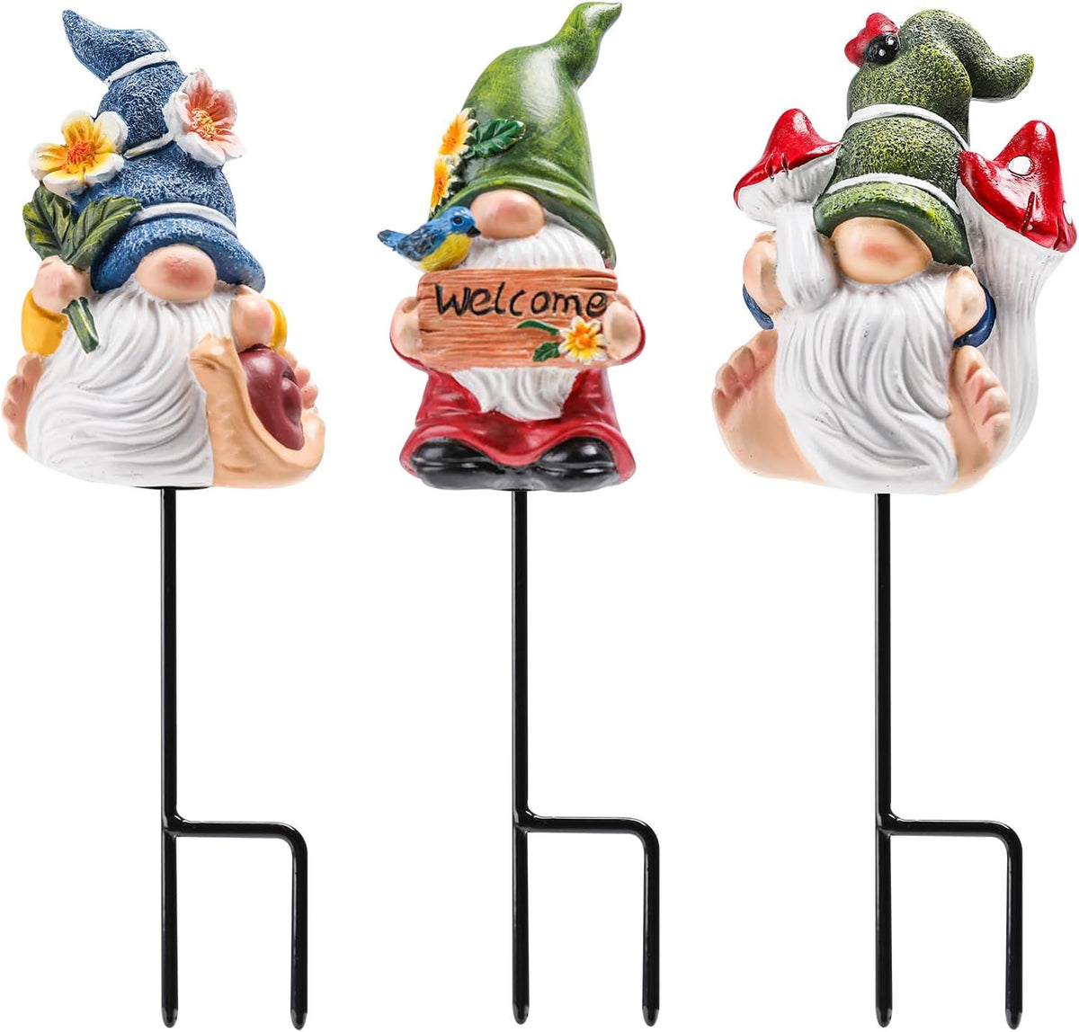 Garden Gnomes Stakes 3 Inch Plant Decorations for Pots Outdoor Statues Indoor 3 Pack Large Garden