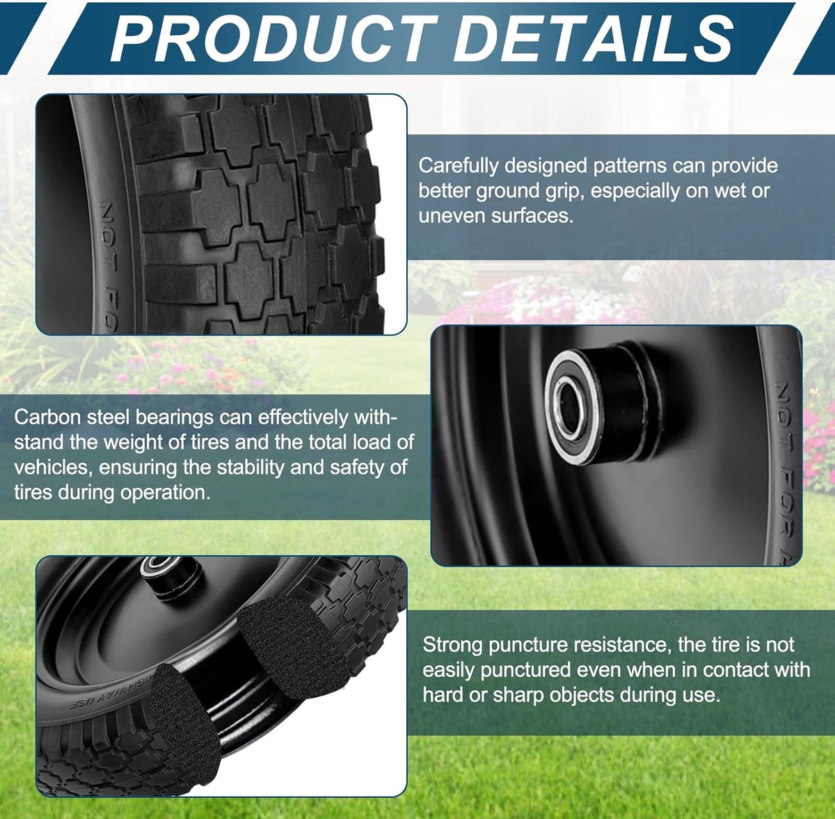 4.80/4.00-8" Flat Free Tire and Wheel 14.5" Solid Flat-Free Replacement Tire with 5/8"& 3/4" Axle