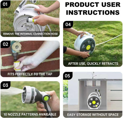 Retractable Garden Hose Reel, 65FT Heavy Duty Hose With 10 Spray Patterns - Leakproof, Durable &