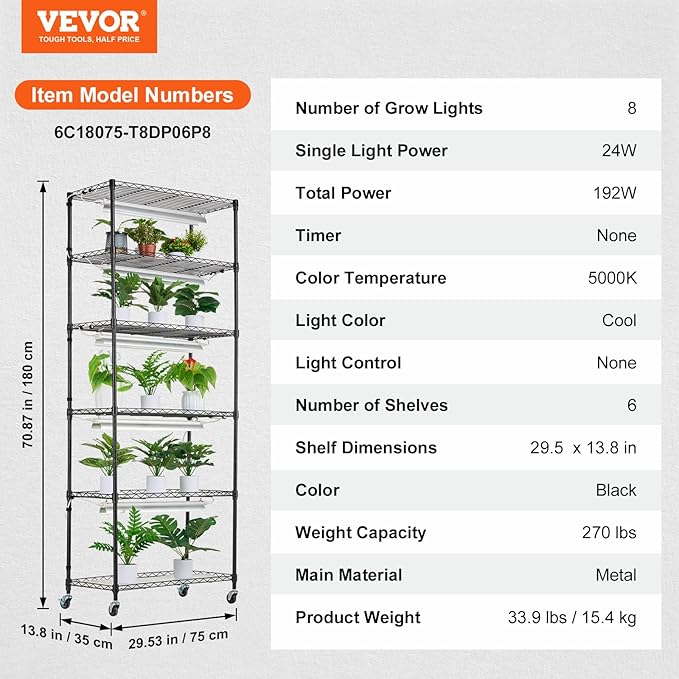 VEVOR DIY Plant Stand with Grow Light, 6-Tier Large Tall Plant Shelf with 192W 5000K Full Spectrum