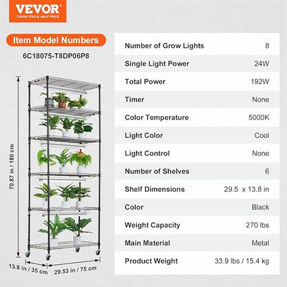 VEVOR DIY Plant Stand with Grow Light, 6-Tier Large Tall Plant Shelf with 192W 5000K Full Spectrum