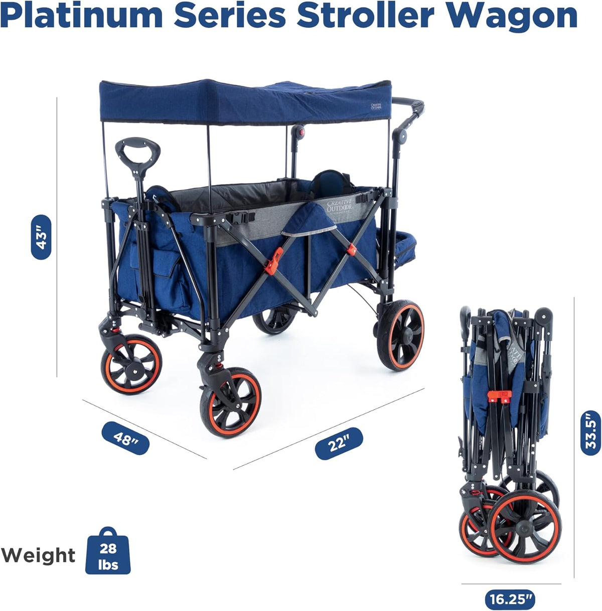 Creative Outdoor Push Pull All-Terrain Collapsible Folding Stroller Wagon for Kids, 150lbs Weight