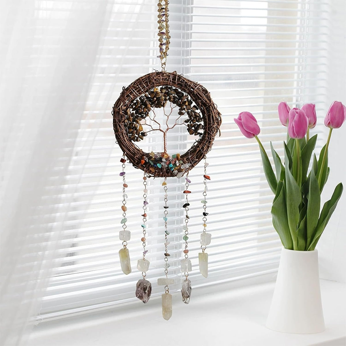 TUOKING Crystal Suncatchers for Window Tree of Life Brown Crystals Vine Wreath Sun Catchers Rainbow